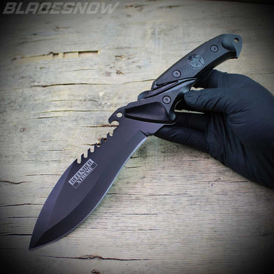 Black tactical bowie knife with black grip