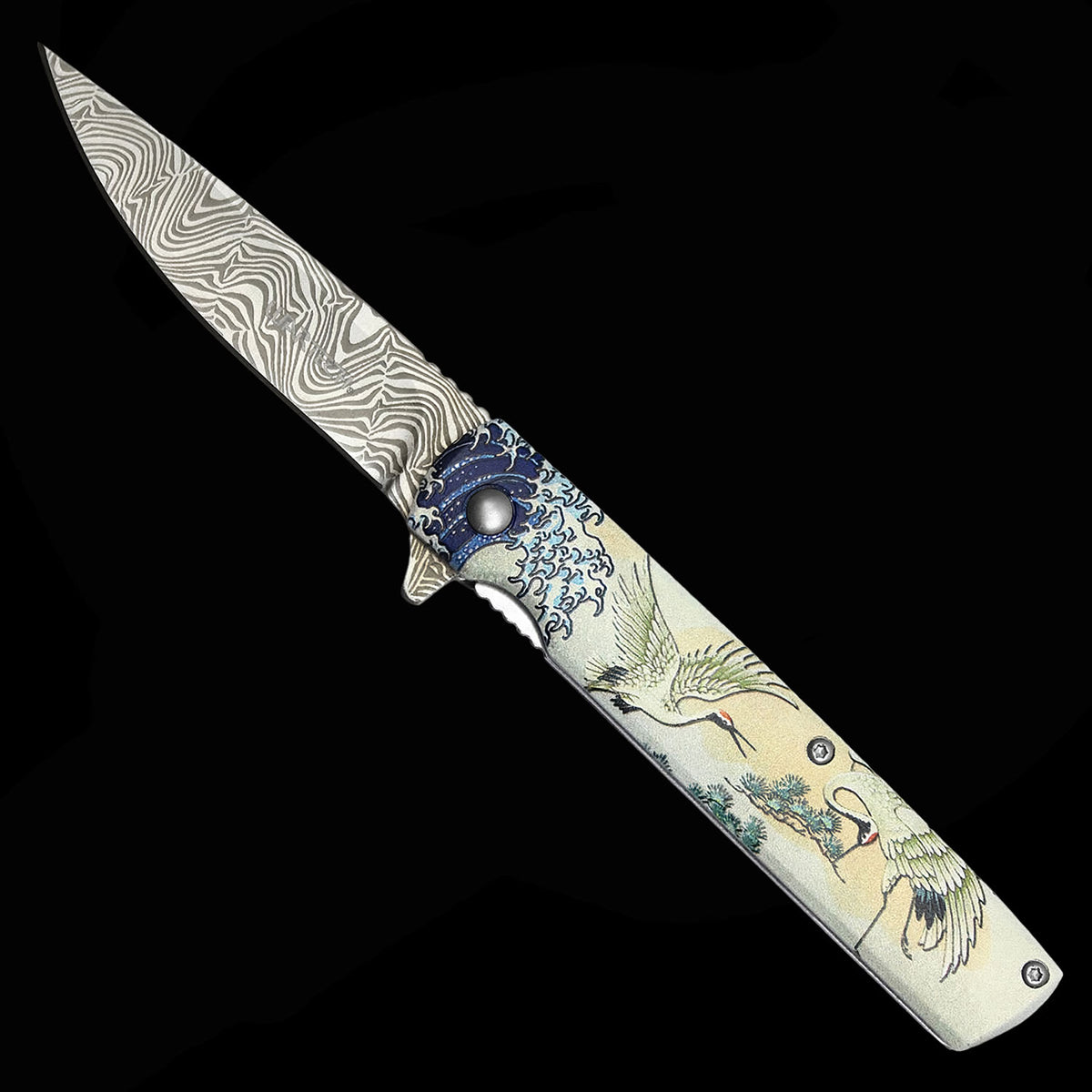 Flying Crane Spring Assisted Pocket Knife - Damascus Etched Blade