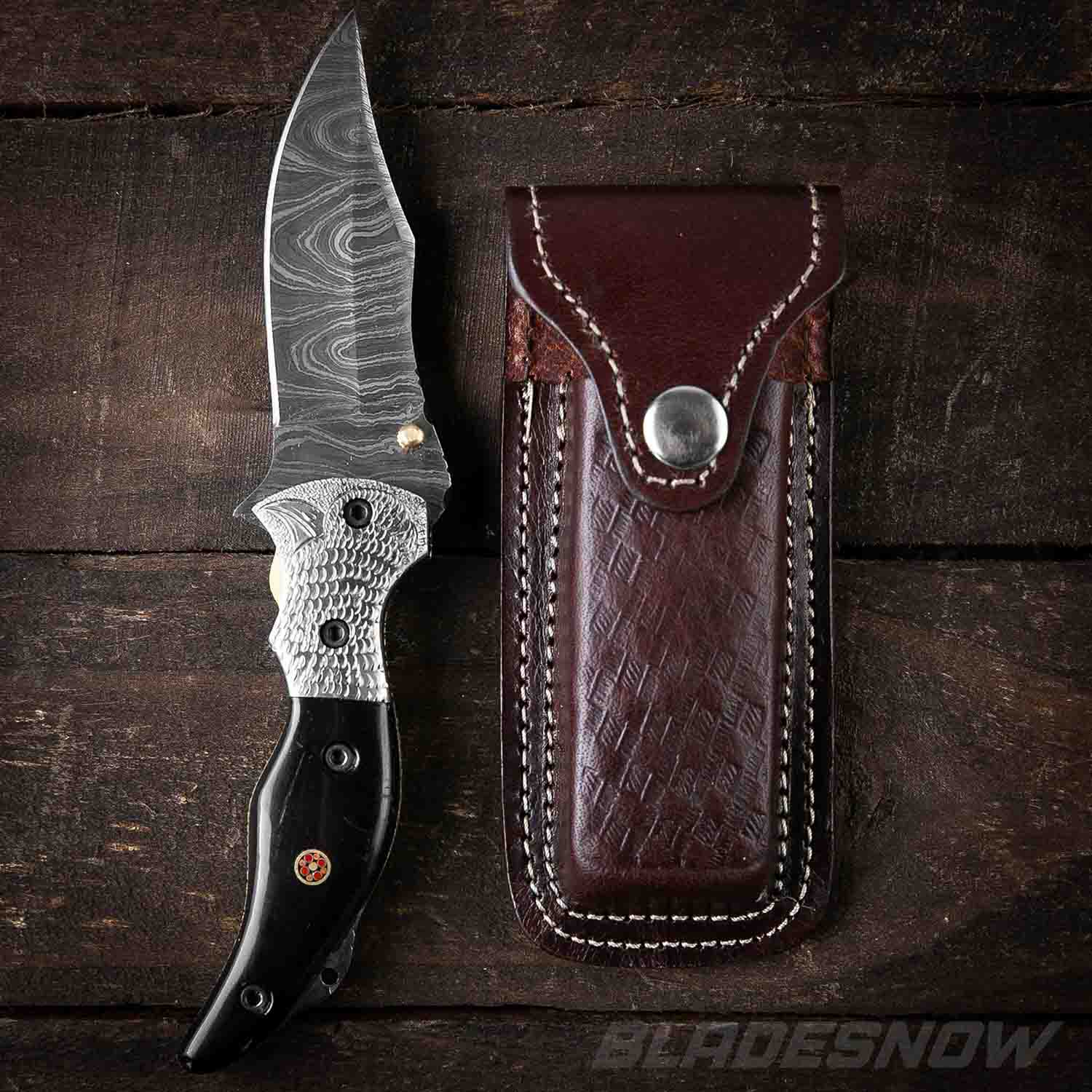 Damascus Steel Pocket Knife Black Leather Sheath