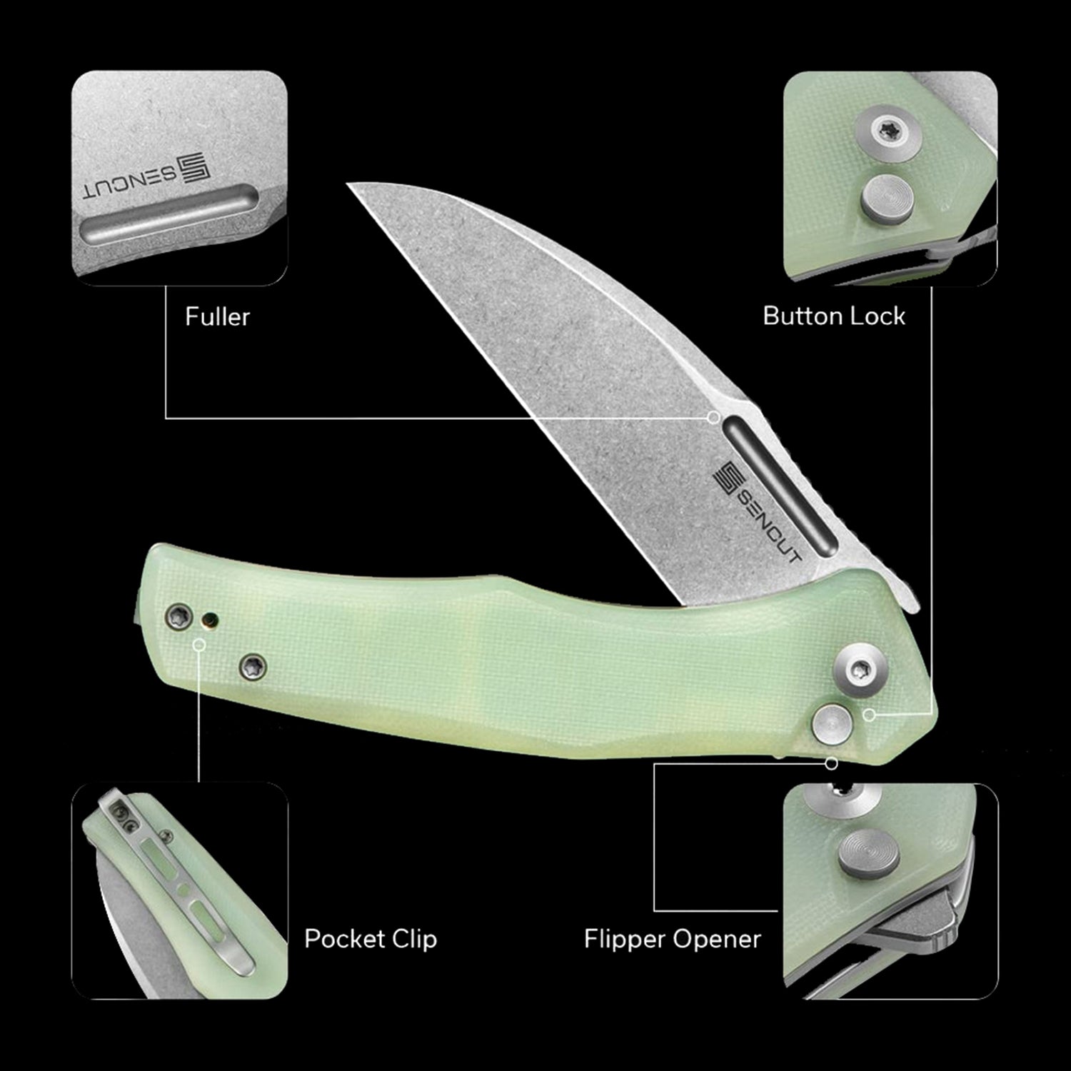 SENCUT Watauga D2 Stonewashed Button Lock Flipper - G10 Handle