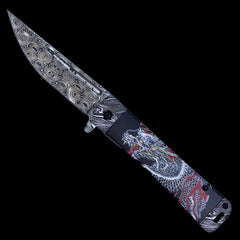 Dragons & Samurai Spring Assist Pocket Knife - Damascus Etched 3- Pack