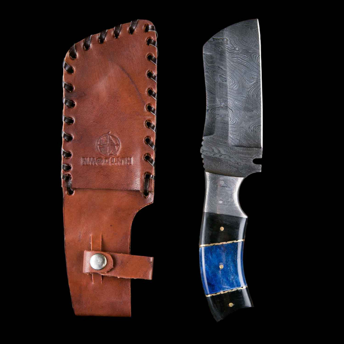 Damascus Fixed Blade Cleaver Blue Horn Handle