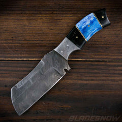 Damascus Fixed Blade Cleaver Blue Horn Handle