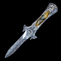 Gothic Stiletto Pocket Knife Damascus Etch - Yellow Marble