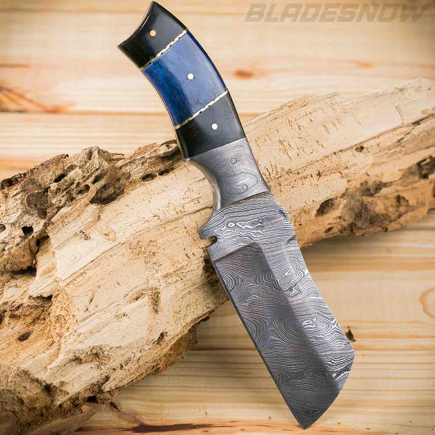 Damascus Fixed Blade Cleaver Blue Horn Handle