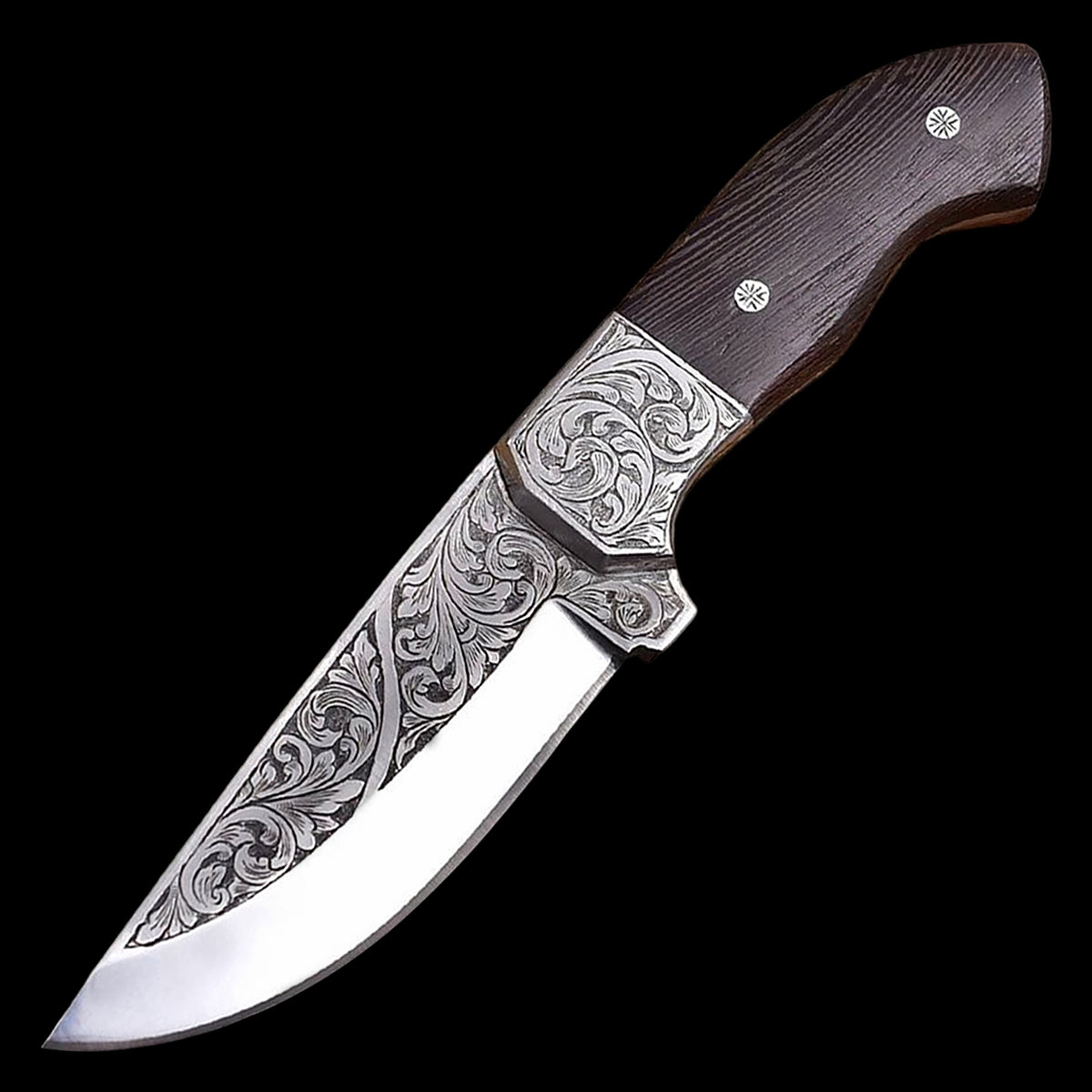 Custom Hand Engraved Tracker D2 Steel Knife - Wenge Wood Handle