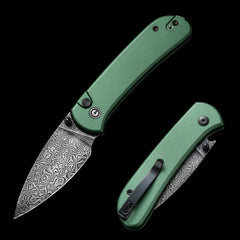 CIVIVI Qubit Damascus Blade Button Lock Pocket Knife Green Aluminum