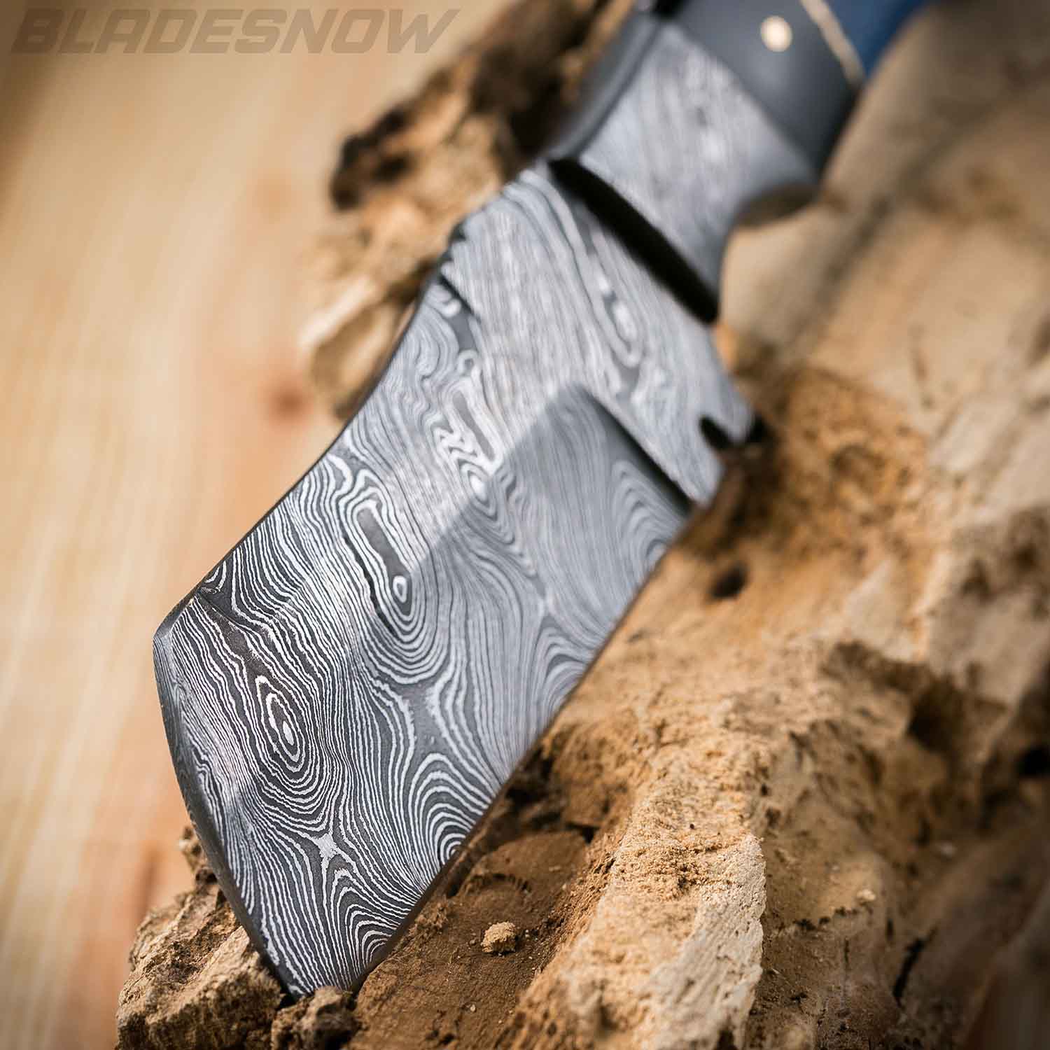 Damascus Fixed Blade Cleaver Blue Horn Handle