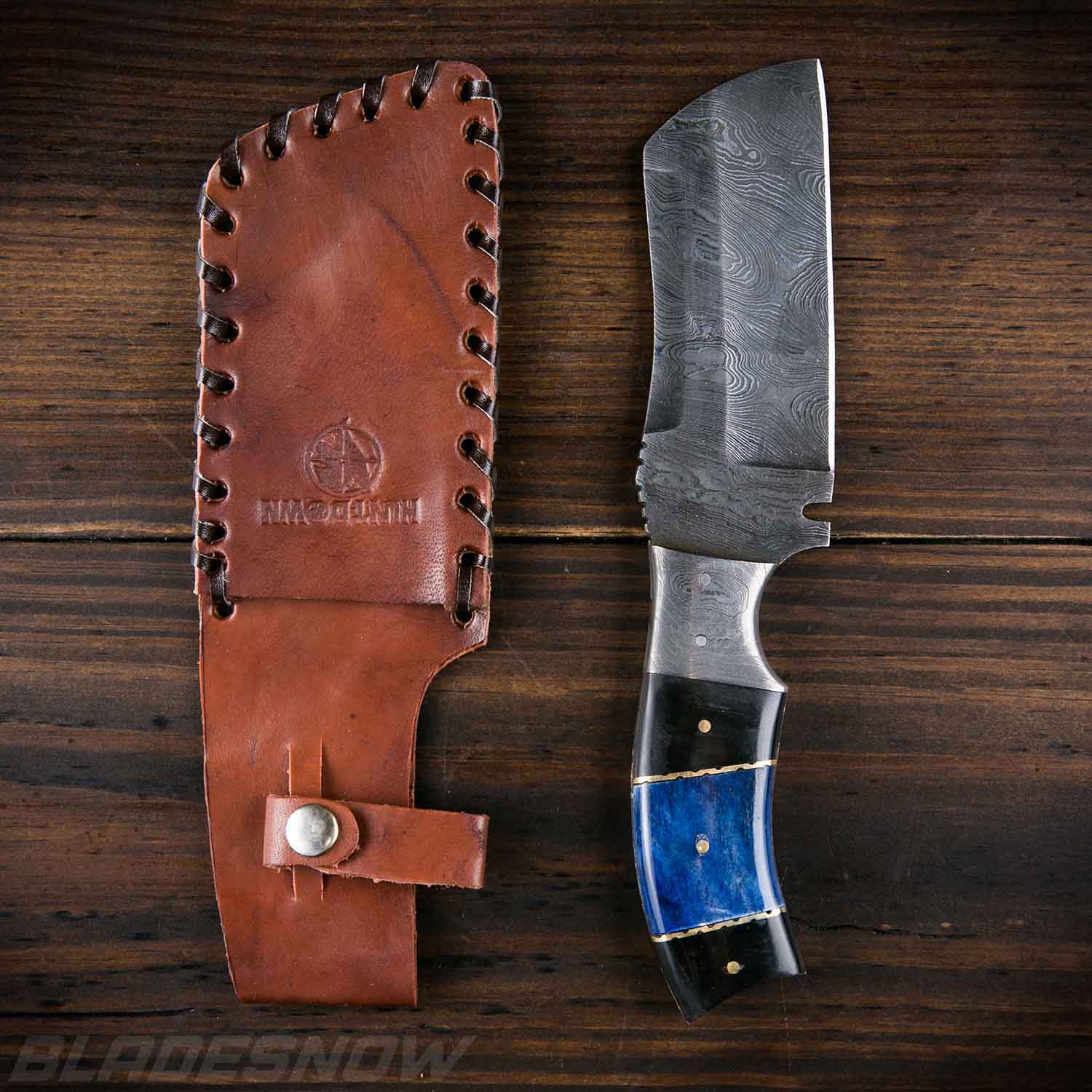 Damascus Fixed Blade Cleaver Blue Horn Handle