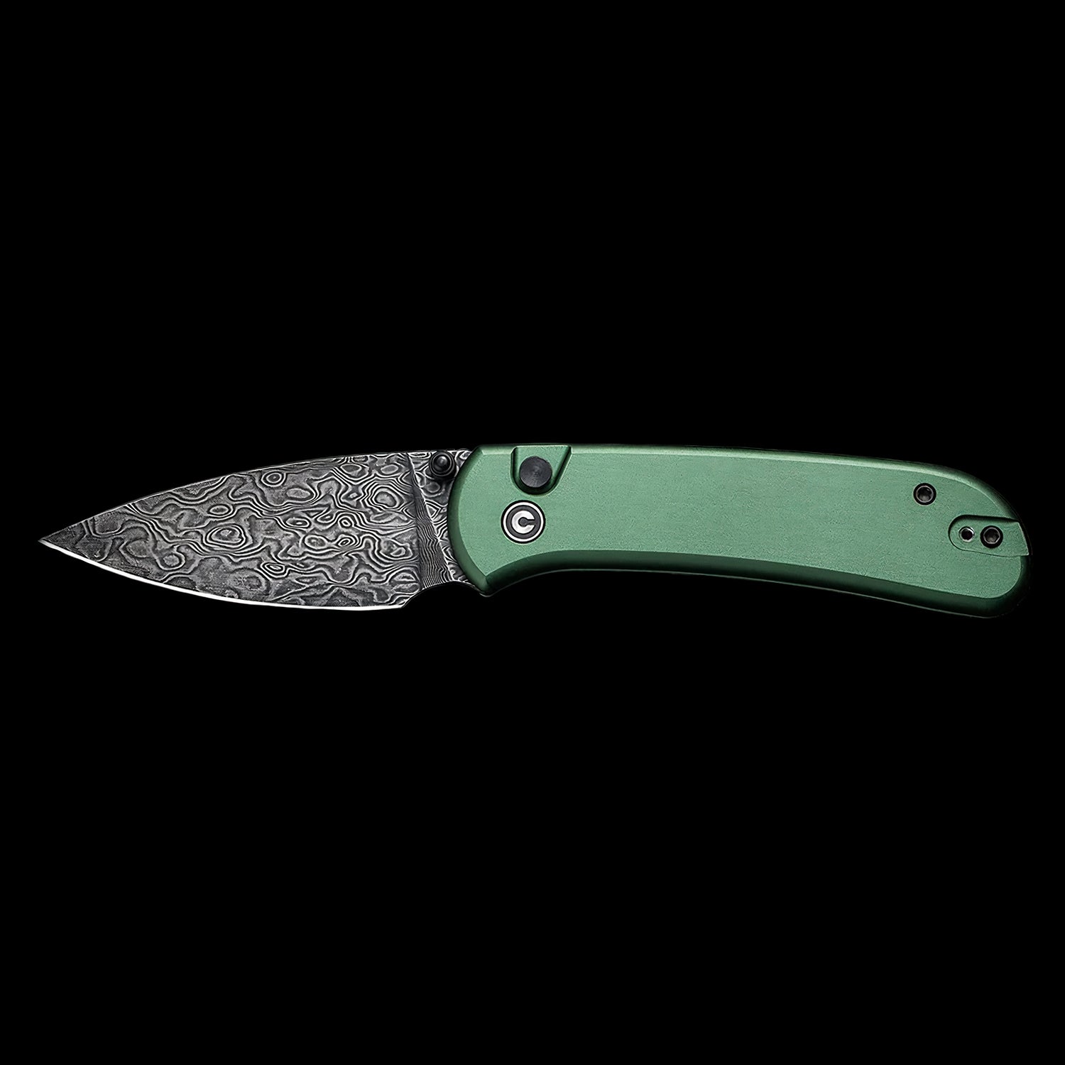 CIVIVI Qubit Damascus Blade Button Lock Pocket Knife Green Aluminum