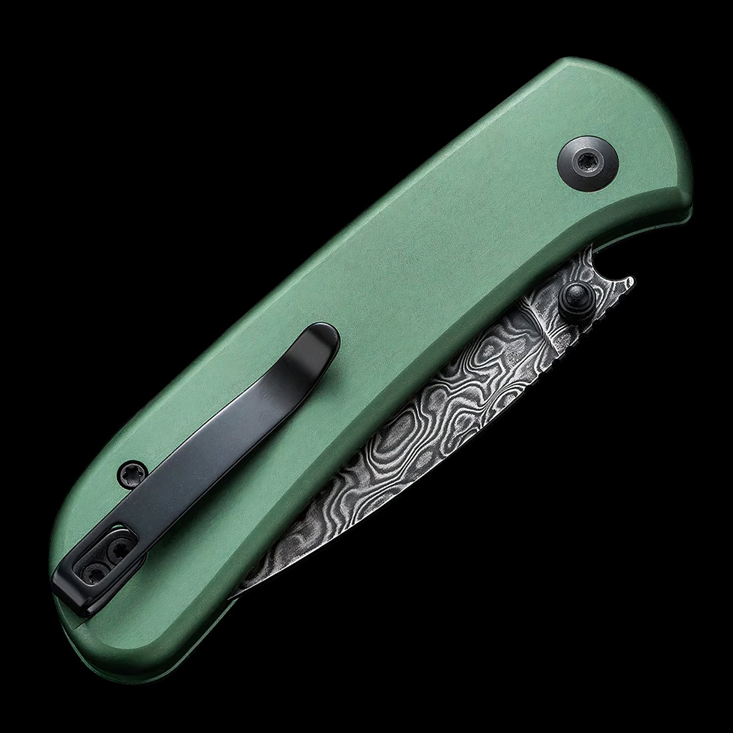 CIVIVI Qubit Damascus Blade Button Lock Pocket Knife Green Aluminum