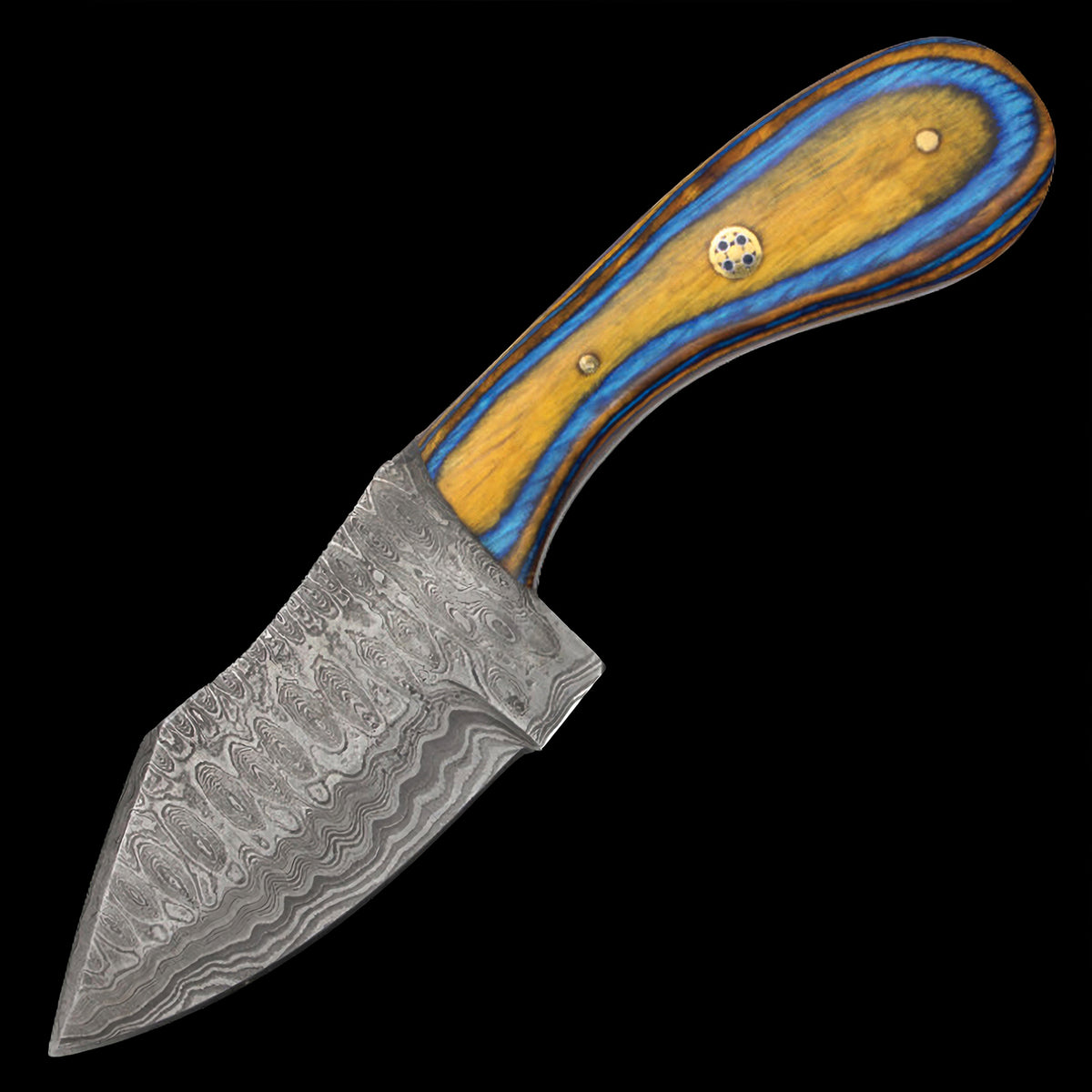 Old Ram Damascus Steel (144-Layer) 7" Fixed Blade Hunting Knife Orange & Blue Wood Handle