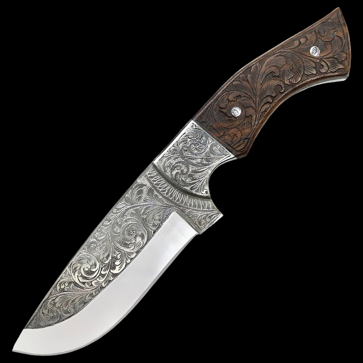 Custom Hand Engraved Tracker D2 Steel Knife - Rose Wood Handle