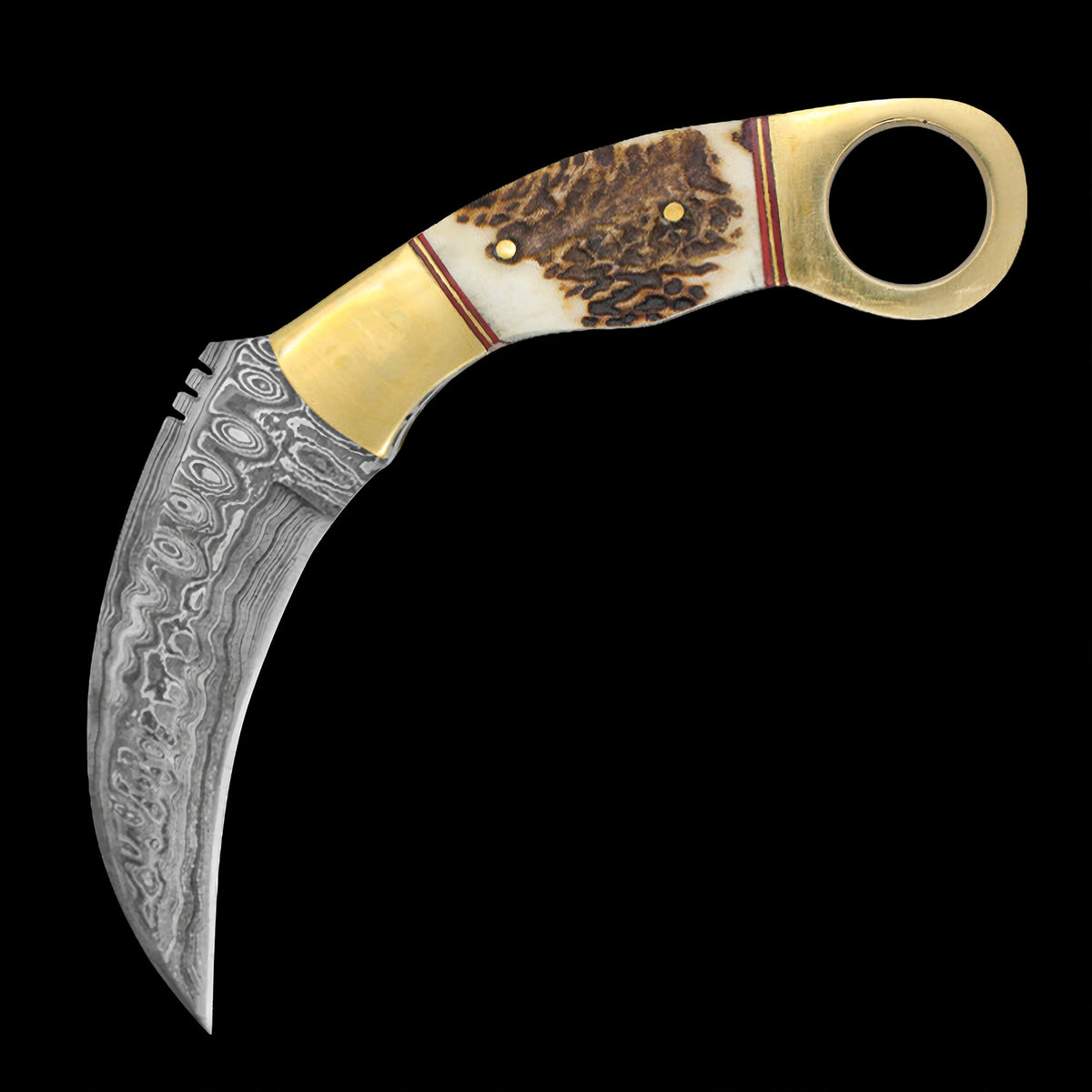 Old Ram 8.5" Damascus Steel (256-Layer) Karambit Knife Stag Inlay Brass Handle