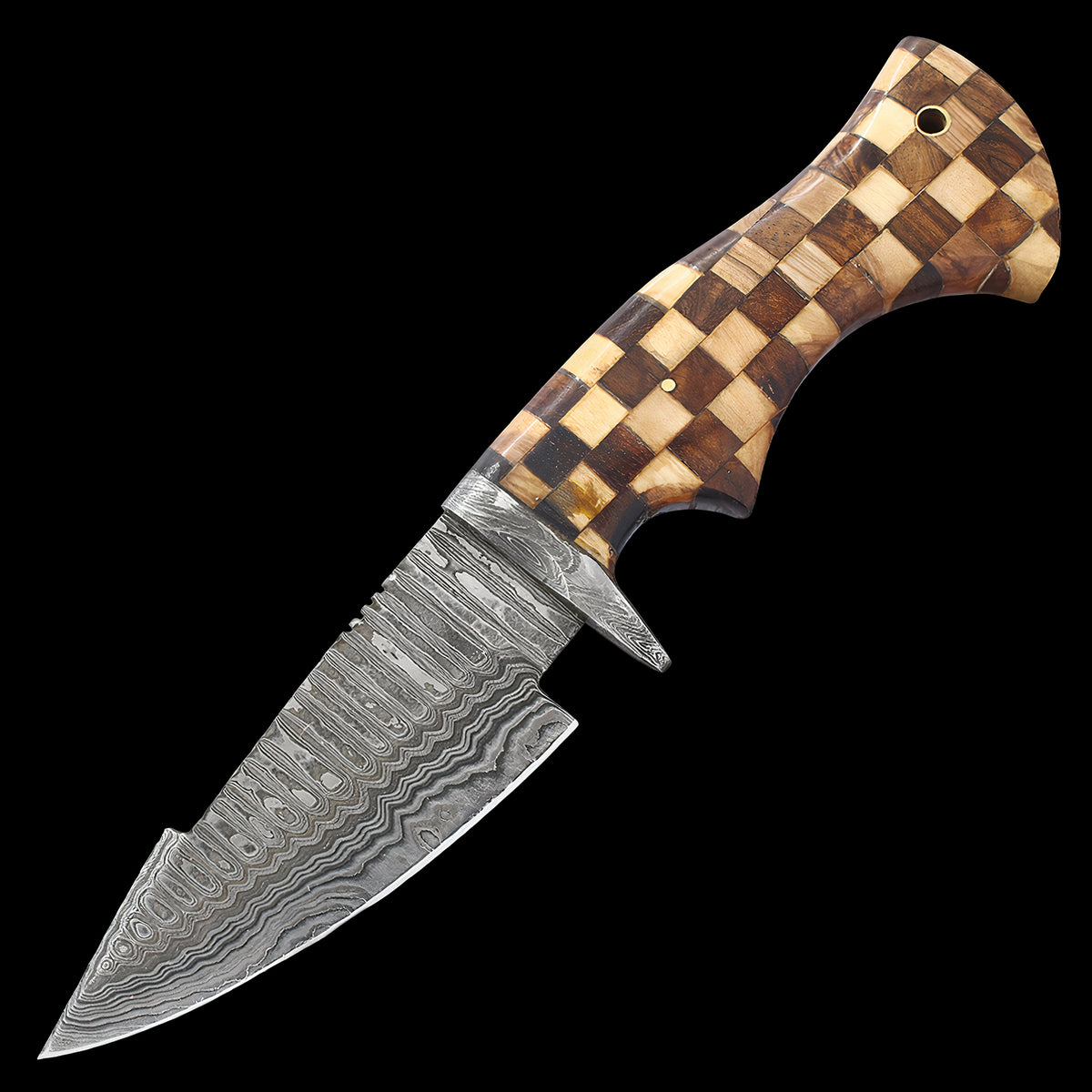 Damascus Steel 10" Fixed Blade Knife Checkered Wood Handle