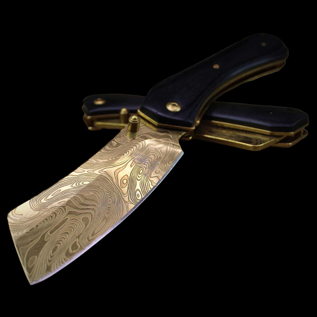 Gold Spring Assist Pocket Cleaver Damascus Pattern