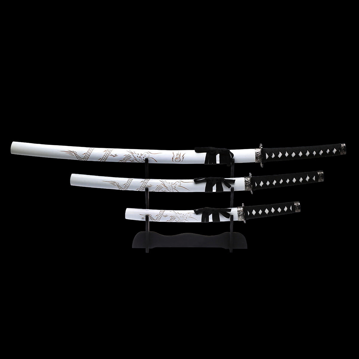 White Dragon Collectible Display Triple Katana Sword Set with Stand (dull blade)