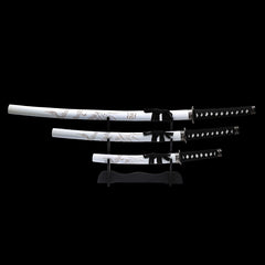 White Dragon Collectible Display Triple Katana Sword Set with Stand (dull blade)