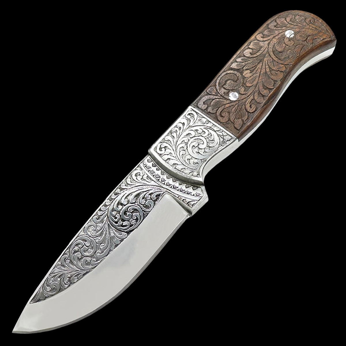 Custom Hand Engraved Tracker D2 Steel Knife Rose Wood Handle