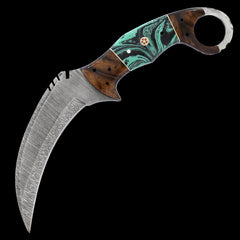 Damascus Steel 8.5" Karambit Knife Resin Handle Turquoise