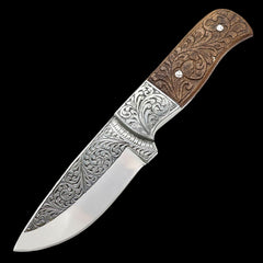 Custom Hand Engraved D2 Steel Hunting Knife Rose Wood Handle