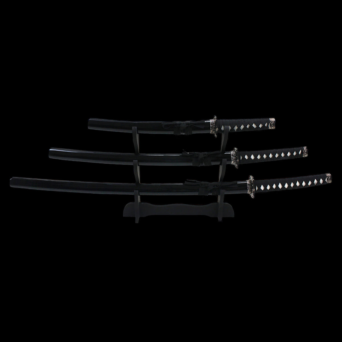 Black Collectible Display Triple Katana Sword Set with Stand (dull blade)