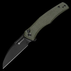 SENCUT Watauga D2 Stonewashed Button Lock Flipper - Green Micarta Handle