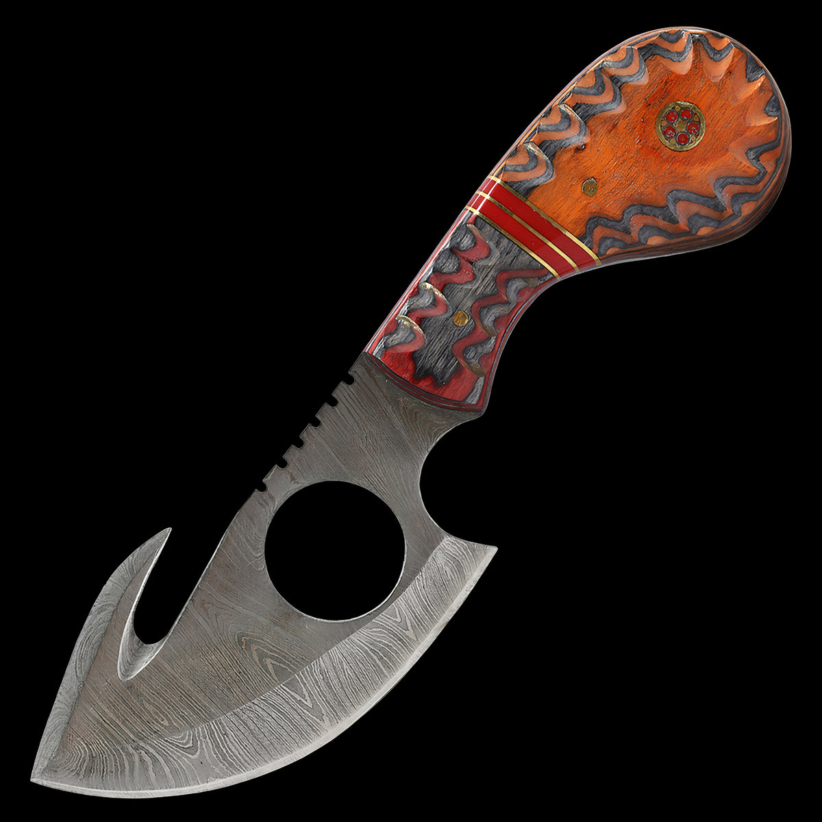 Damascus Steel Gut Hook Hunting Skinner Knife Wood Handle Deep Red