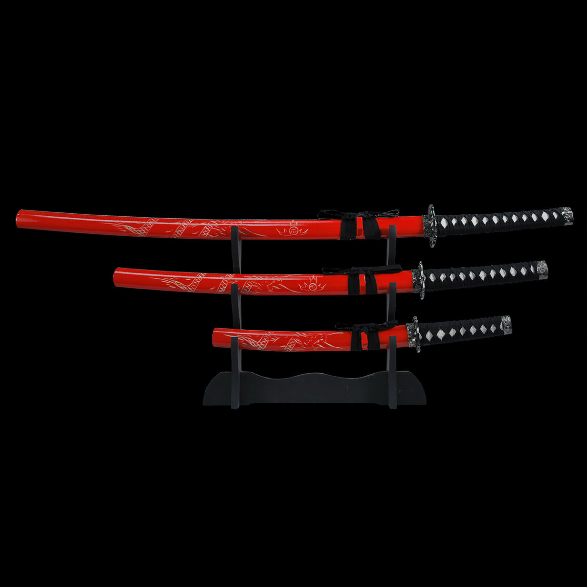 Red Dragon Collectible Display Triple Katana Sword Set with Stand (dull blade)