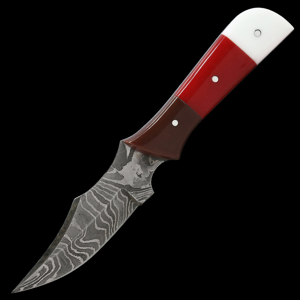 Damascus Steel 6.5" Fixed Blade Knife Resin Handle Burgundy/Red/Wht