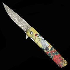 Crane Spring Assisted Pocket Knife - Damascus Etched Blade