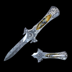 Gothic Stiletto Pocket Knife Damascus Etch - Yellow Marble