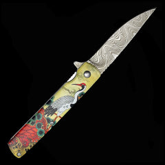 Crane Spring Assisted Pocket Knife - Damascus Etched Blade