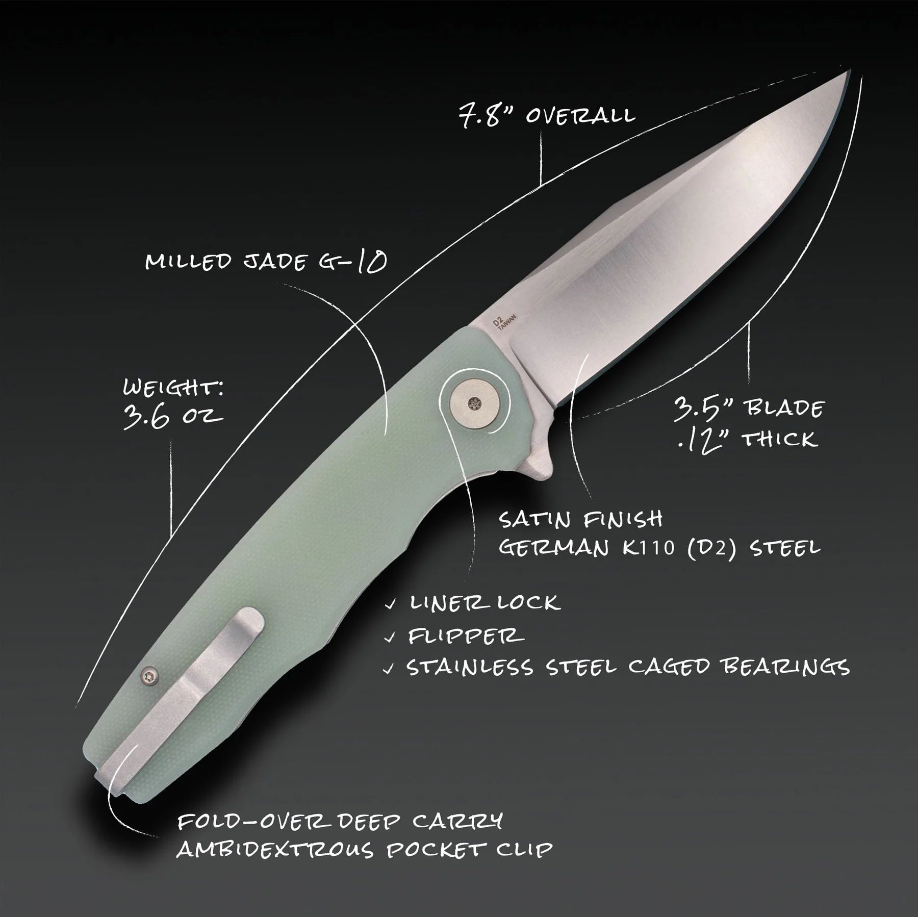 Ocaso Knives Strategy Folder D2 Satin - Jade G10