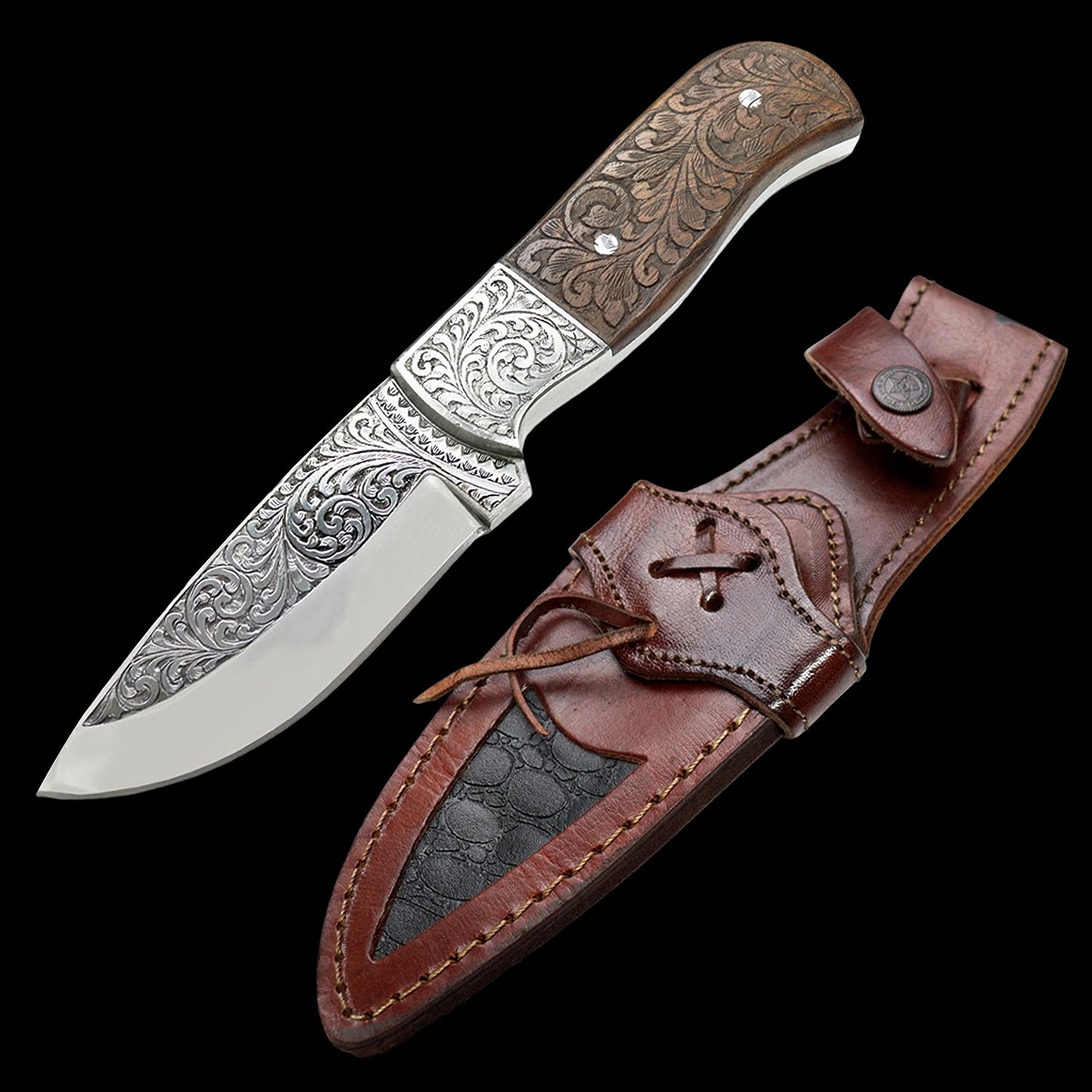 Custom Hand Engraved Tracker D2 Steel Knife Rose Wood Handle