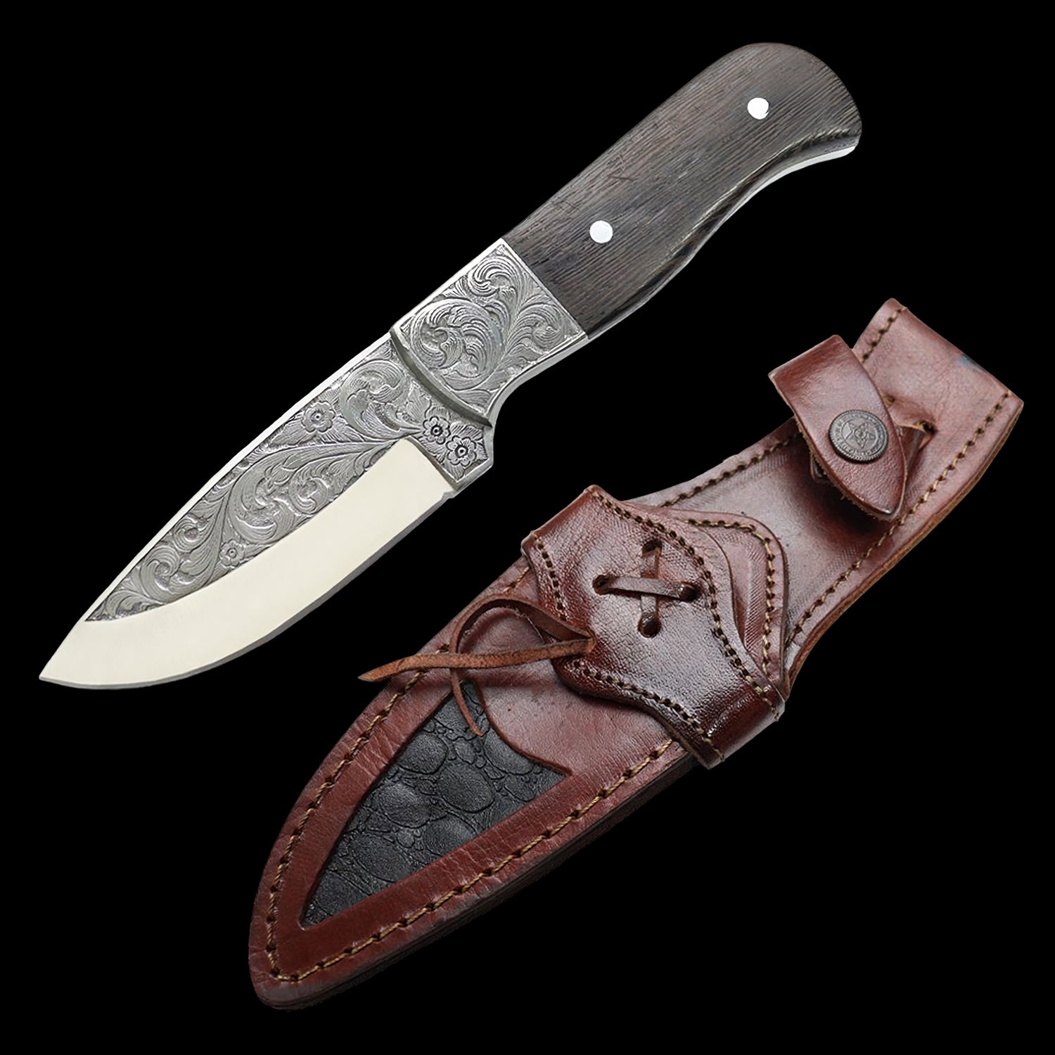 Custom Hand Engraved D2 Steel Hunting Knife Wenge Wood Handle