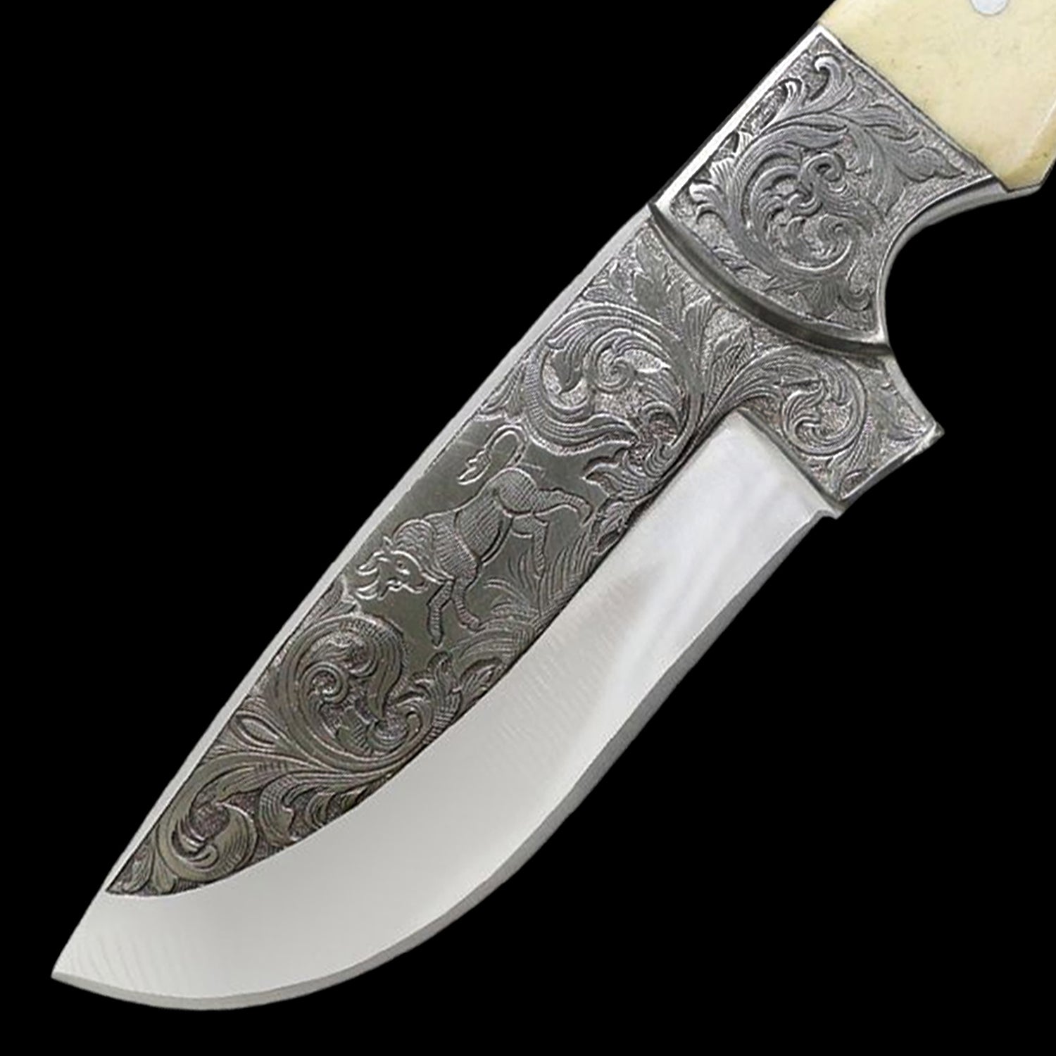 Custom Hand Engraved Tracker D2 Steel Knife - Horn Handle