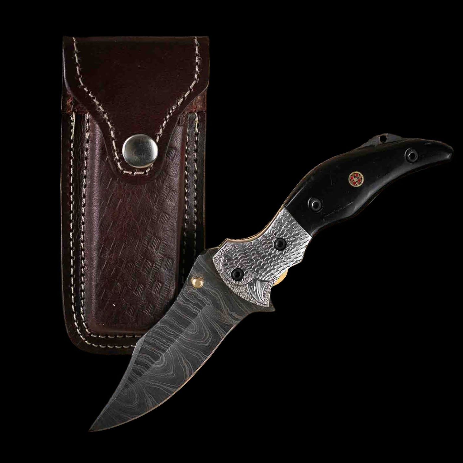 Damascus Steel Pocket Knife Black Leather Sheath