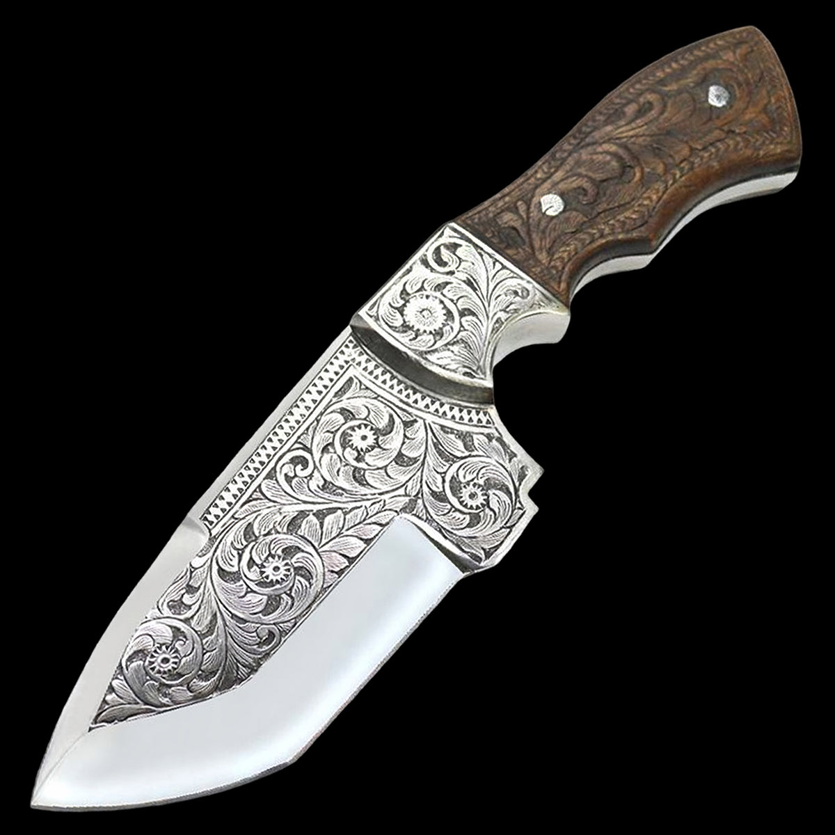 Custom Hand Engraved D2 Steel Hunting Knife Wood Handle