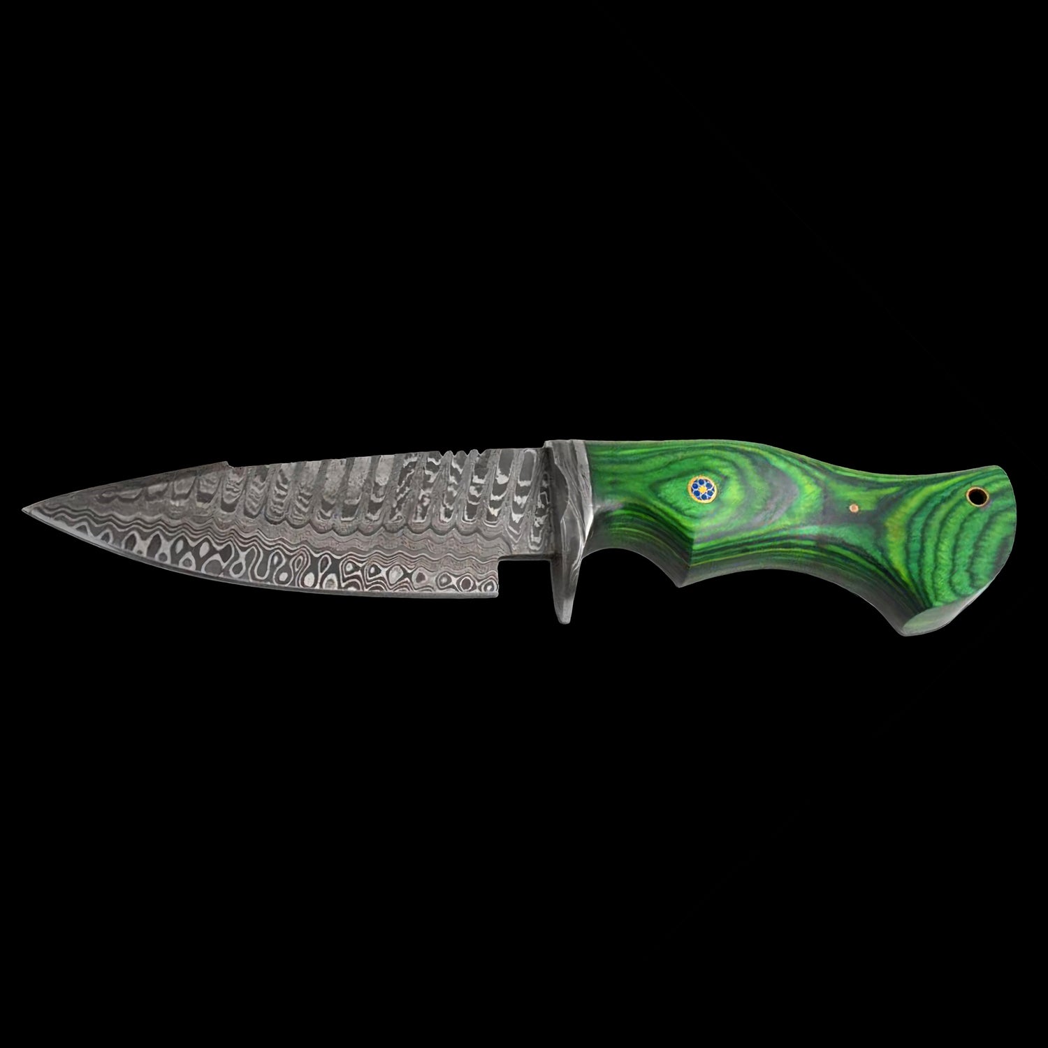 Old Ram Damascus Steel (256-Layer) 11" Fixed Blade Hunting Knife Green Wood Handle