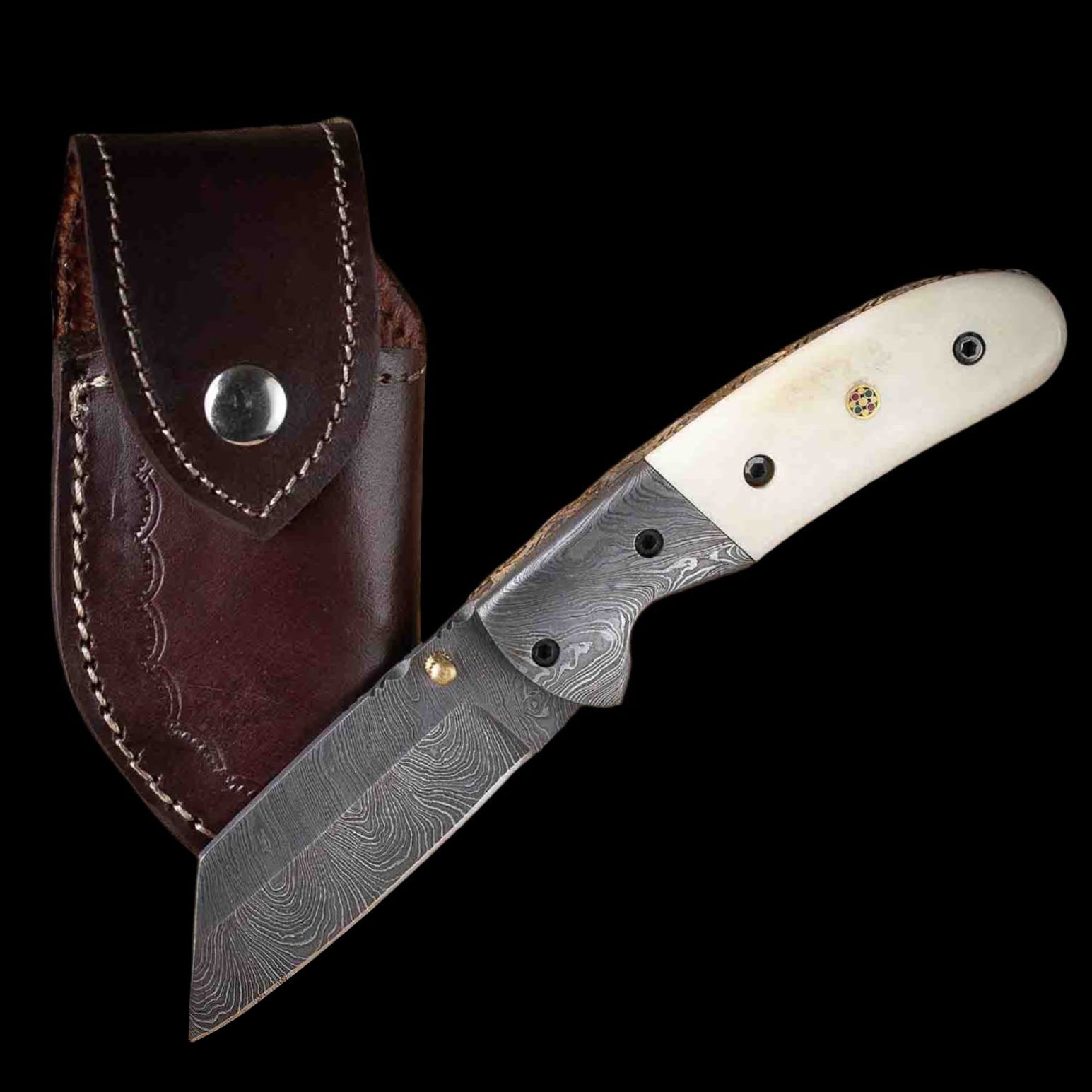 Damascus Steel Pocket Knife Bone Handle Leather Sheath