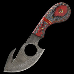 Damascus Steel Skinner Knife Gut Hook Wood Handle Red/Gray