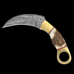 Old Ram 8.5" Damascus Steel (256-Layer) Karambit Knife Stag Inlay Brass Handle