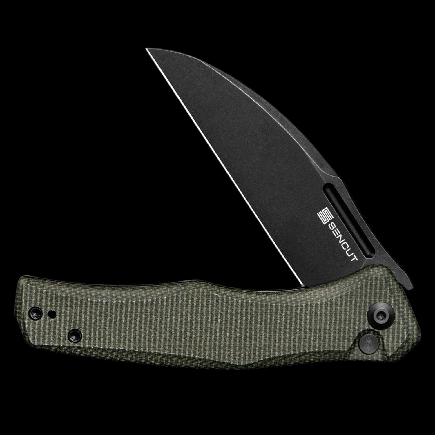 SENCUT Watauga D2 Stonewashed Button Lock Flipper - Green Micarta Handle