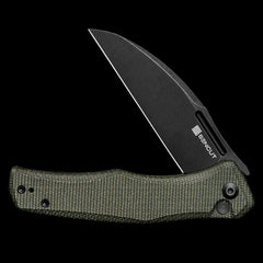 SENCUT Watauga D2 Stonewashed Button Lock Flipper - Green Micarta Handle