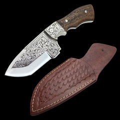 Custom Hand Engraved D2 Steel Hunting Knife Wood Handle