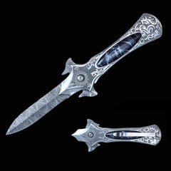 Gothic Stiletto Pocket Knife Damascus Etch - Black Marble