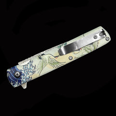 Flying Crane Spring Assisted Pocket Knife - Damascus Etched Blade