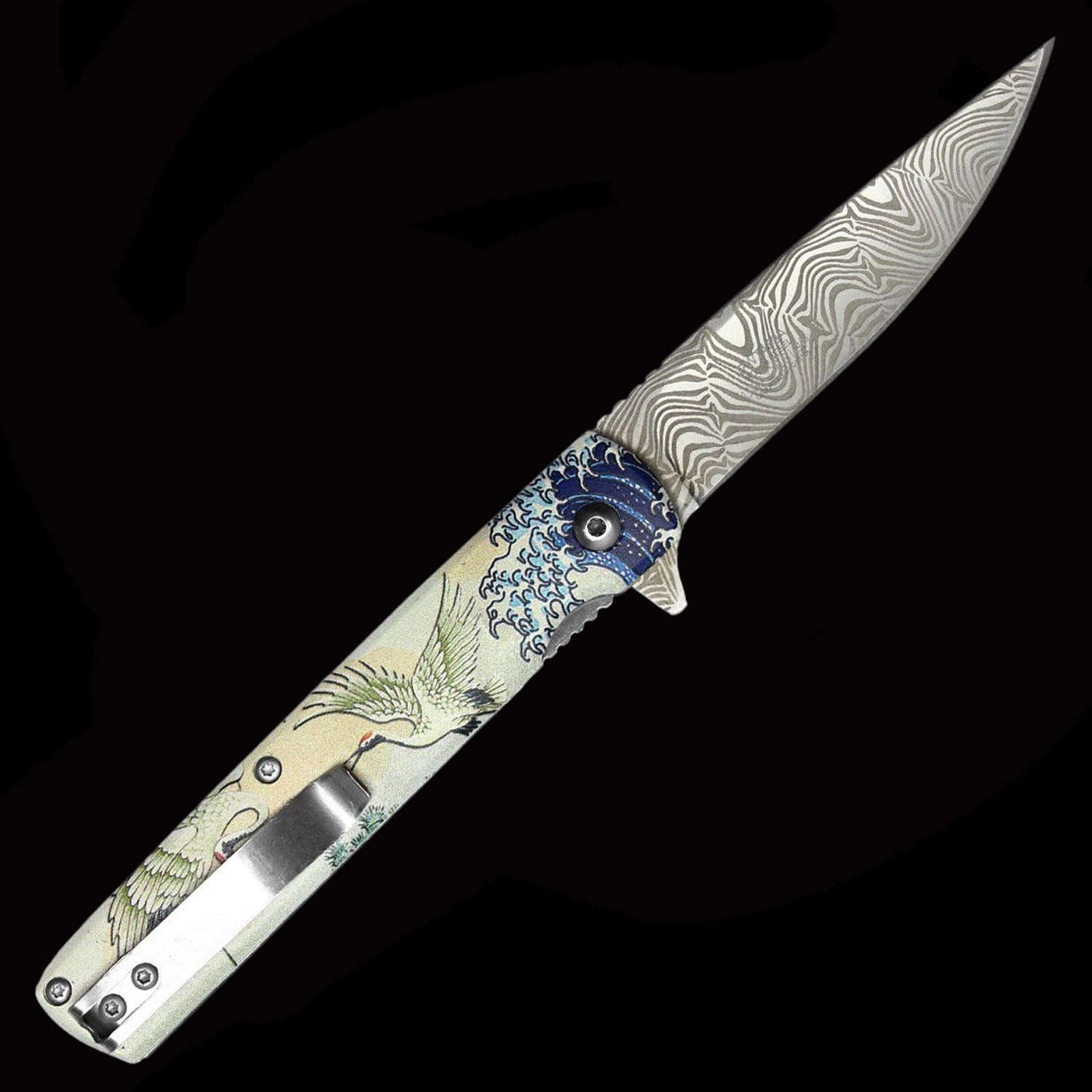 Flying Crane Spring Assisted Pocket Knife - Damascus Etched Blade