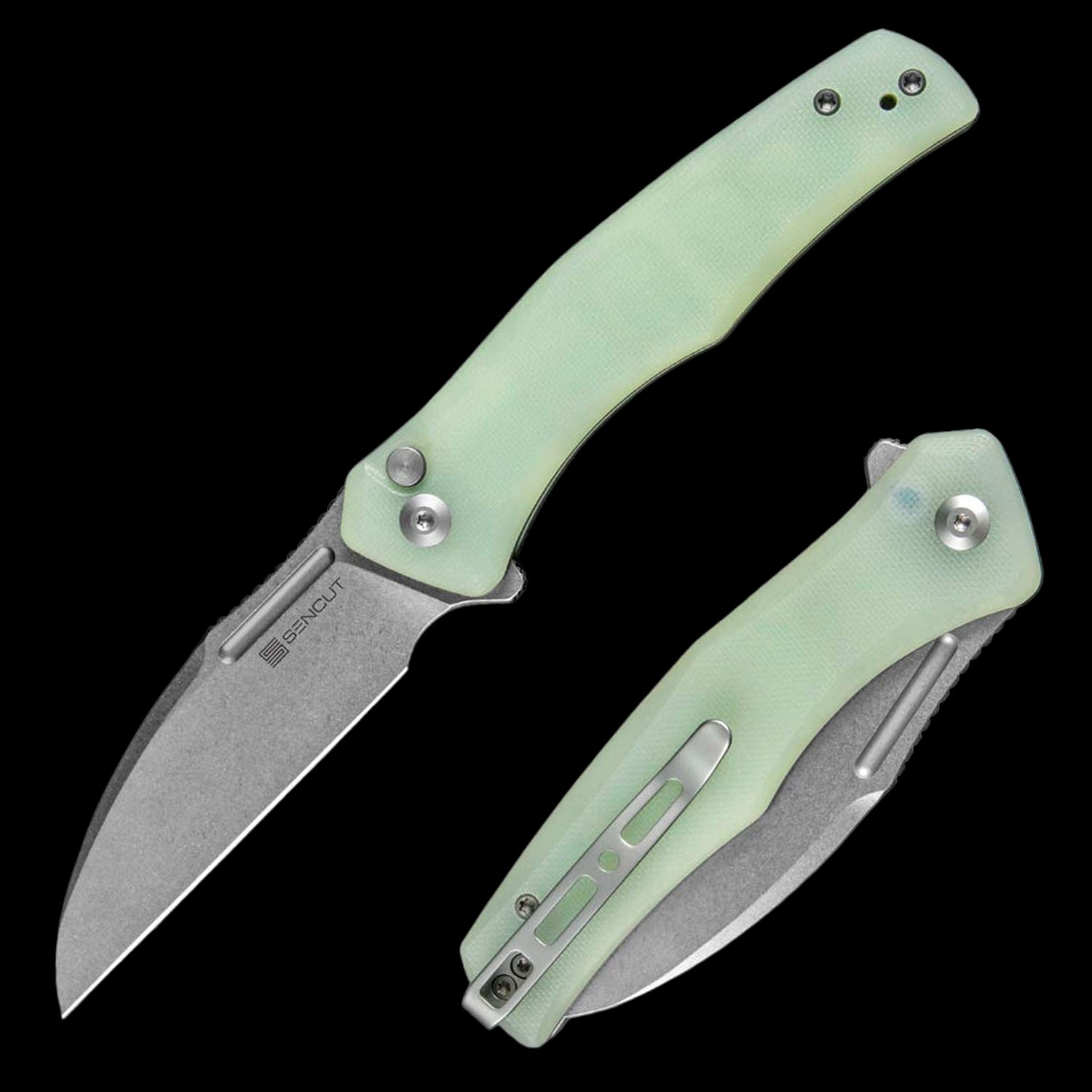 SENCUT Watauga D2 Stonewashed Button Lock Flipper - G10 Handle